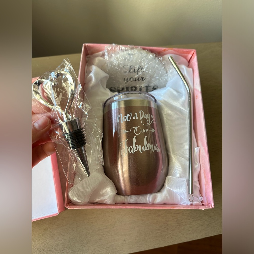 Pink gift set with stainless steel tumbler mug, heart corkscrew, ceramic coaster